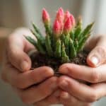Mains protégeant des bourgeons de fleurs roses en croissance