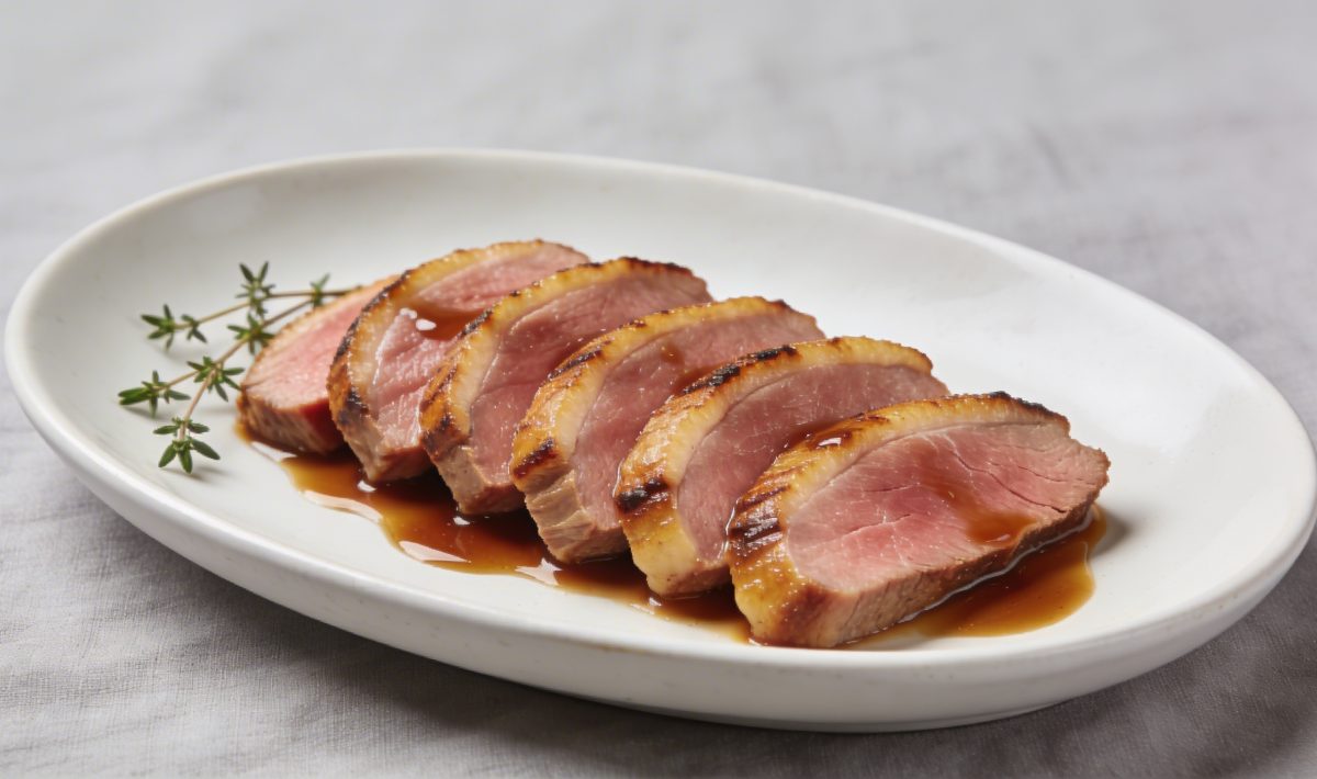Assiette de fines tranches de canard sauce brune