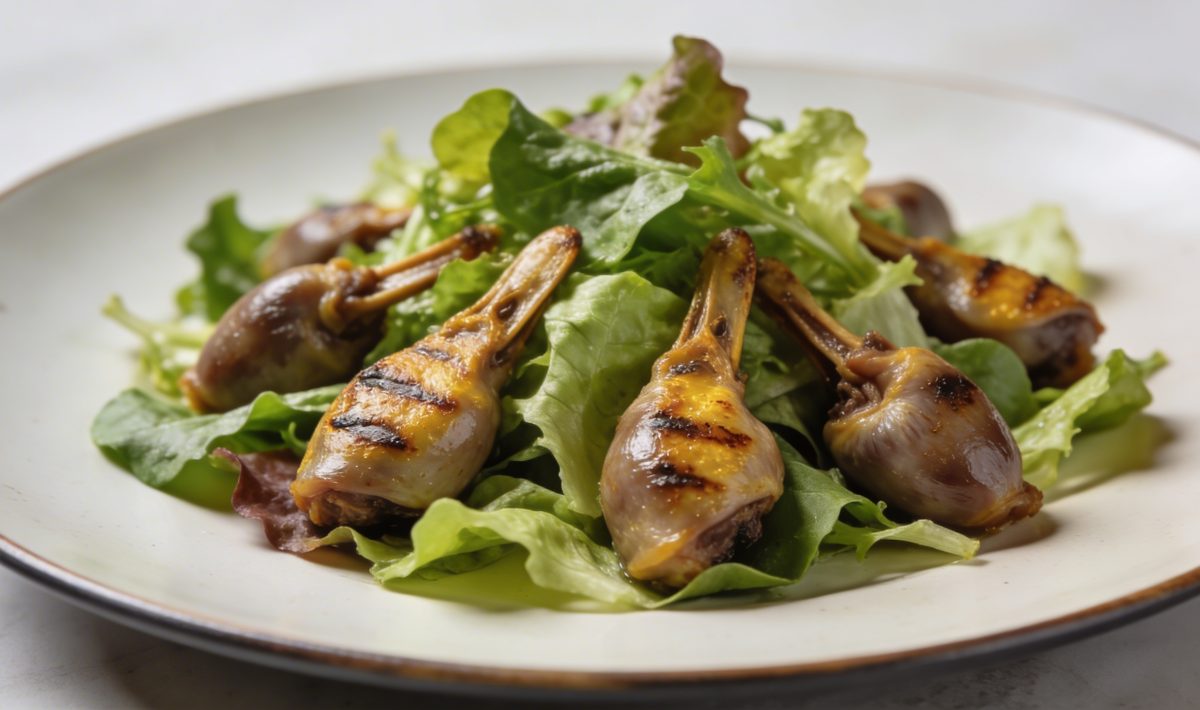 Assiette de salade verte avec gesiers de canard grillés
