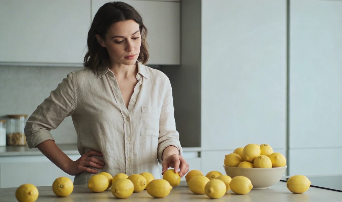 Femme pensive en cuisine devant trop de citrons