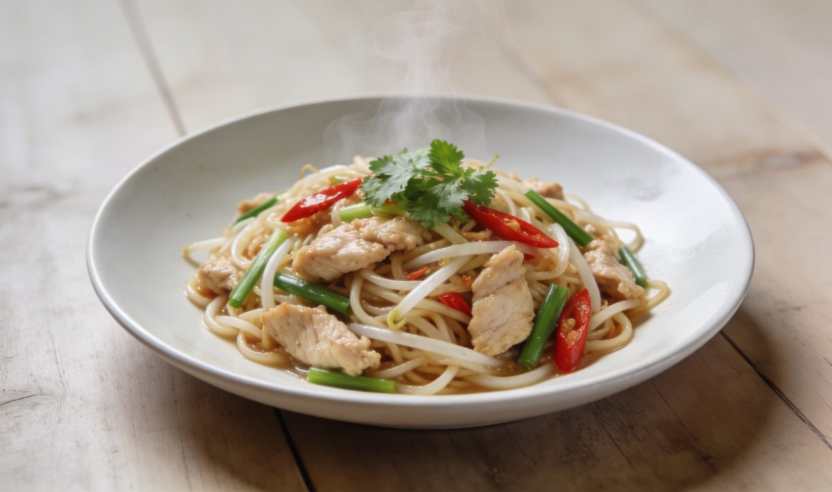 Assiette de nouilles sautees au poulet thai fumant