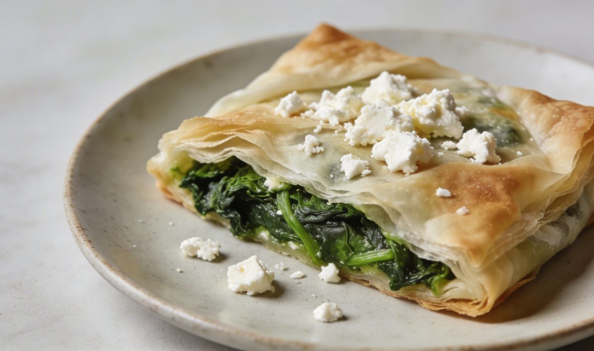 Part de feuillete epinards chevre sur assiette