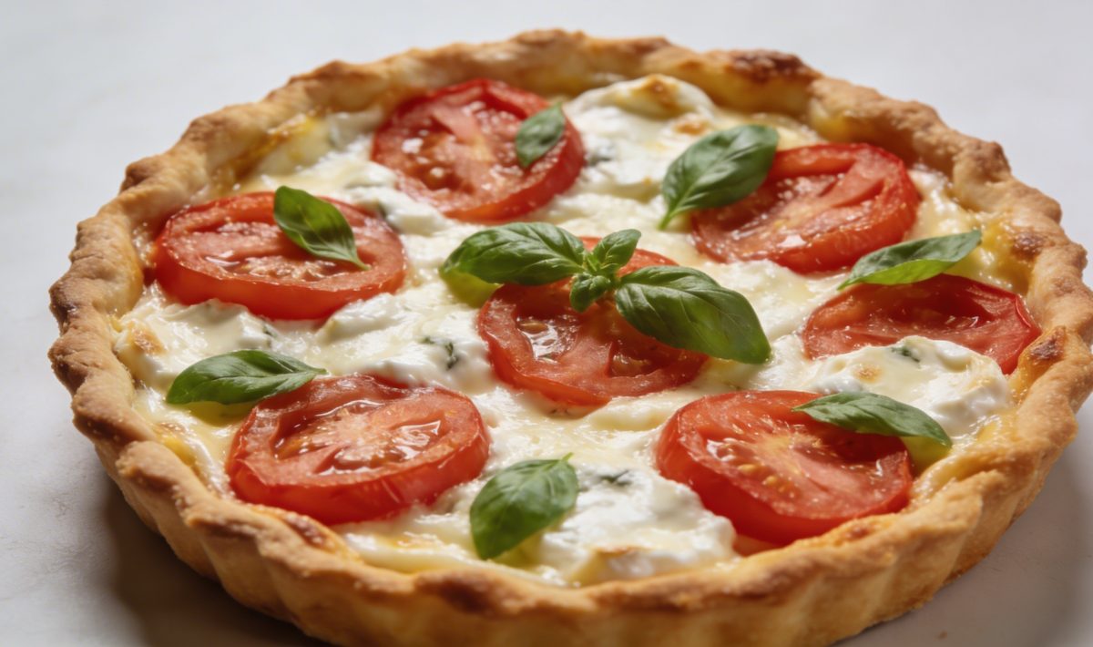 Part de quiche au chevre et tomates vue dessus