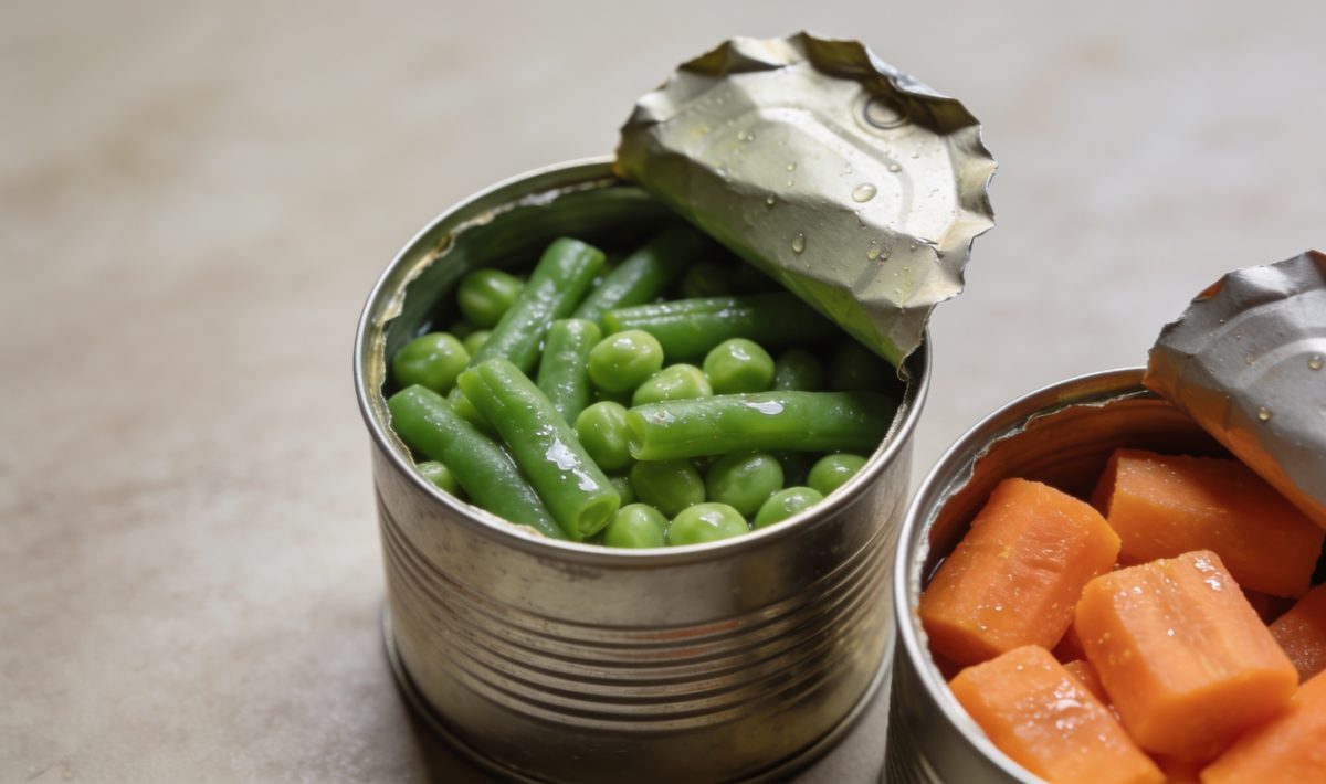 Boîtes de conserve ouvertes avec légumes verts et oranges.
