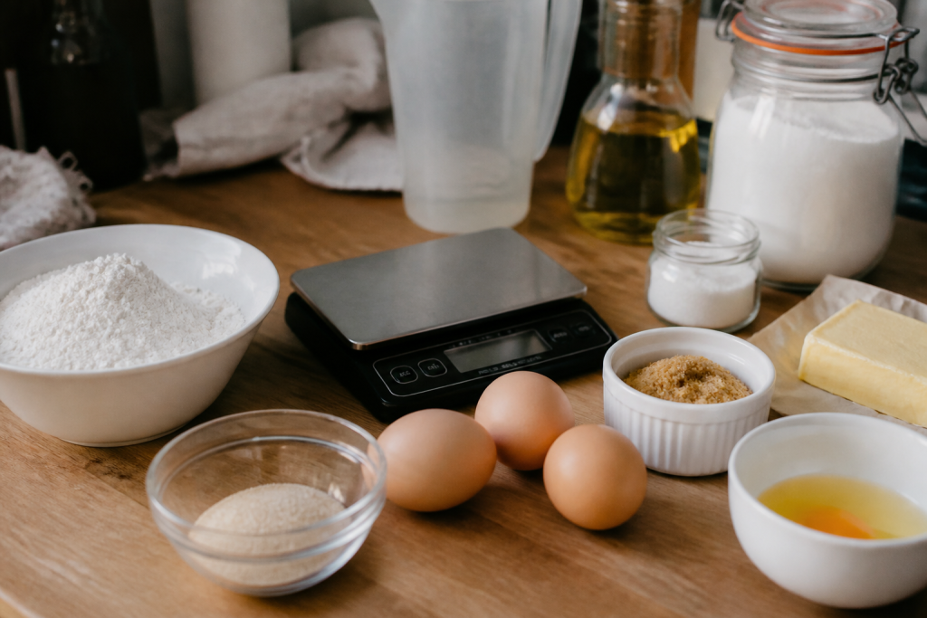Ingredients courants disposes avec mesures et balances culinaires