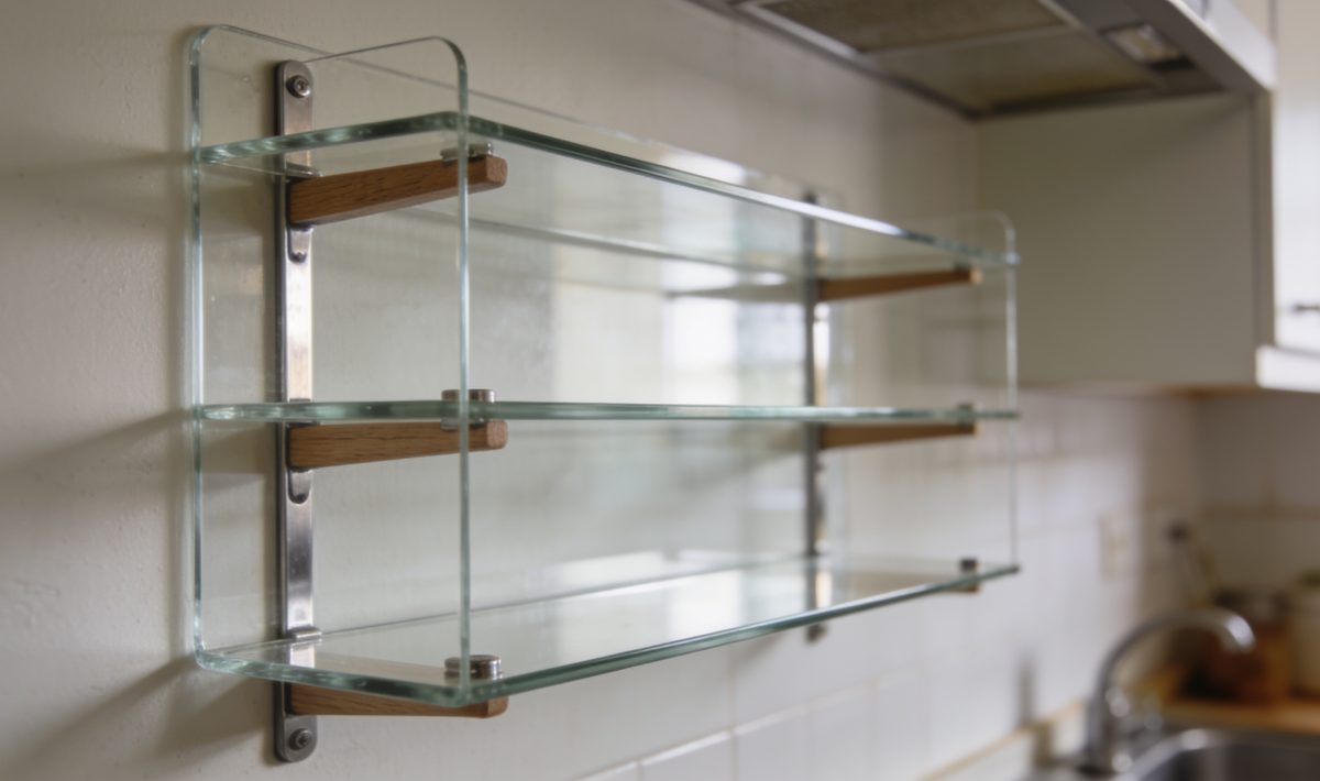 Etagere murale en verre transparent fixee au mur cuisine