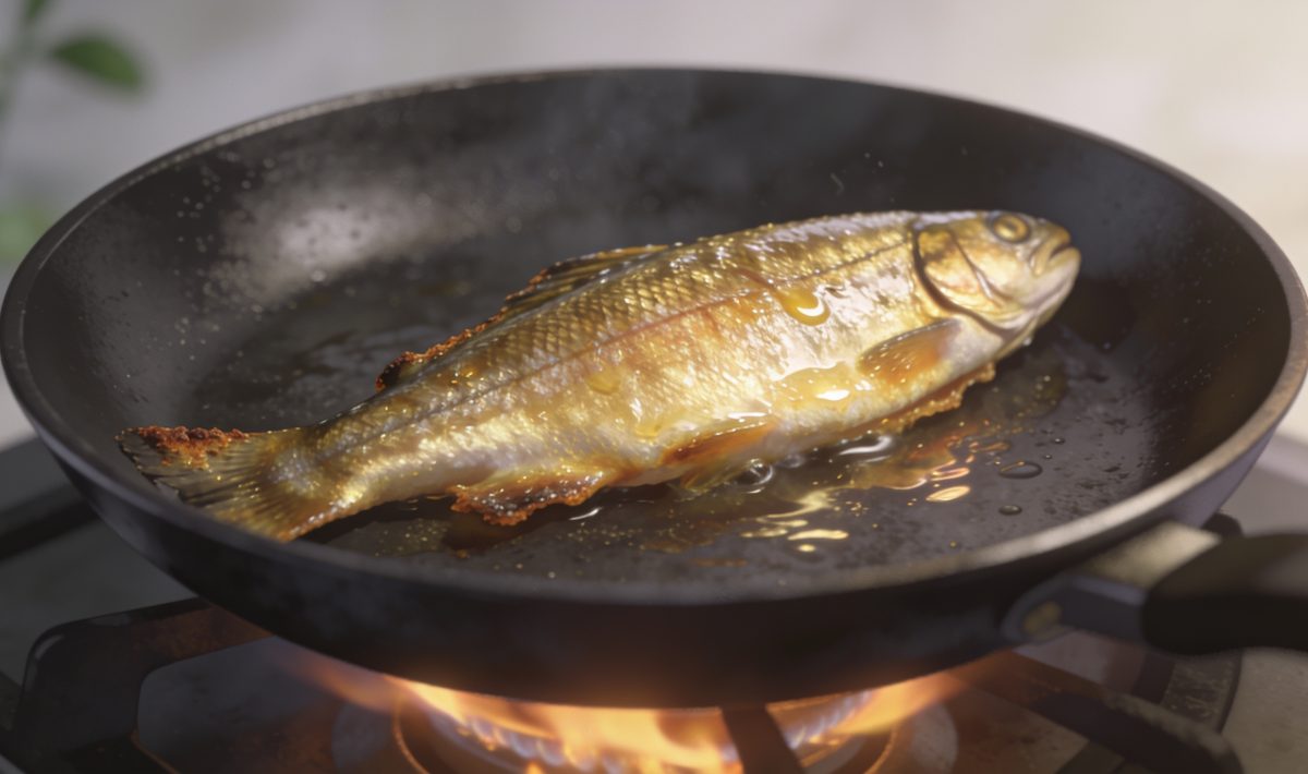 Filet de truite dore dans poele chaude sur feu