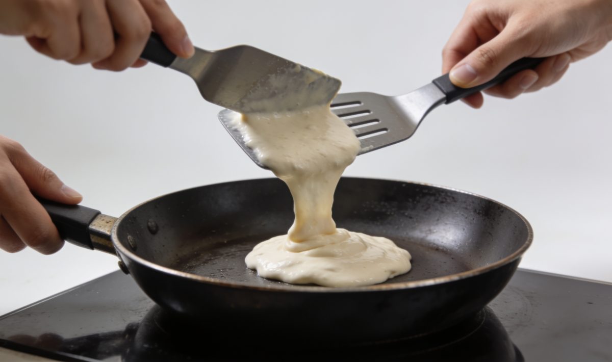 Mains versant pate dans poele chaude avec spatule
