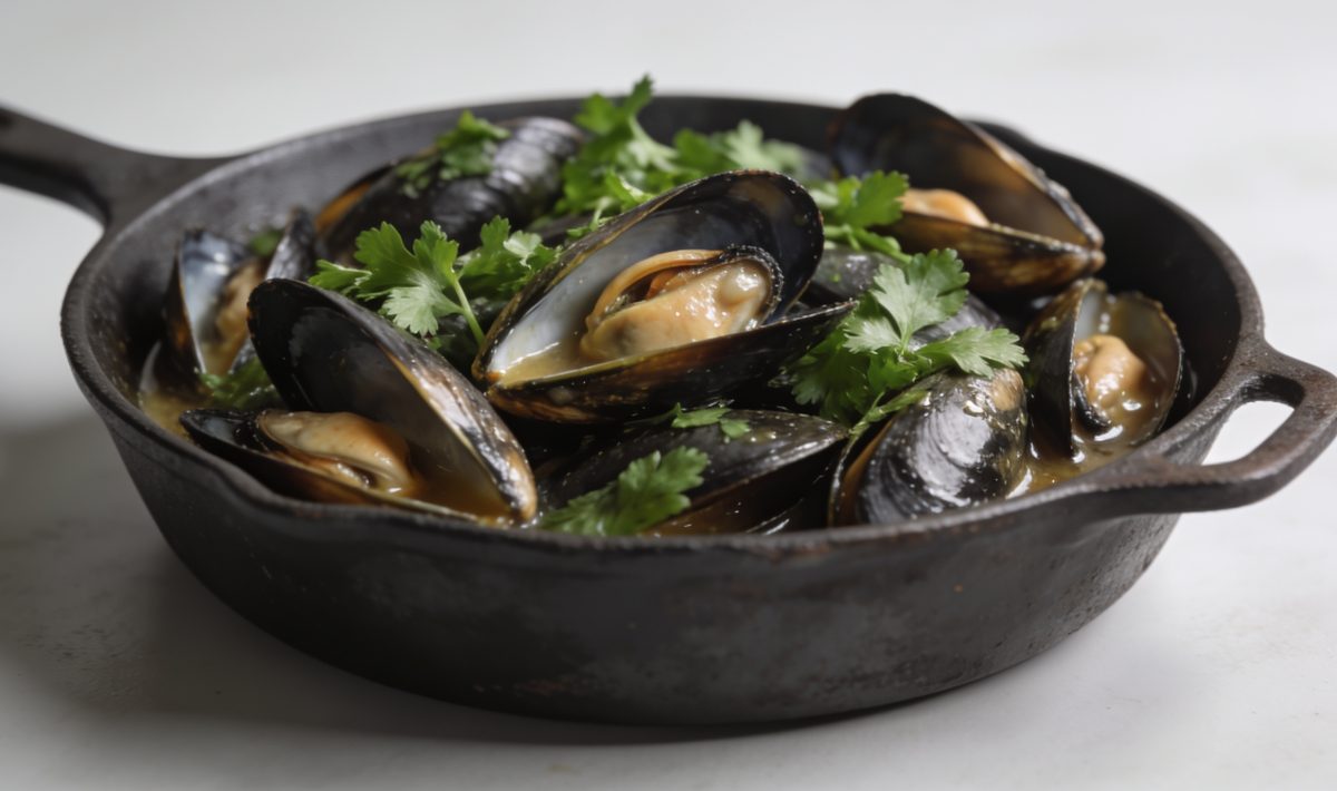 Moules ouvertes dans casserole avec persil frais saupoudre