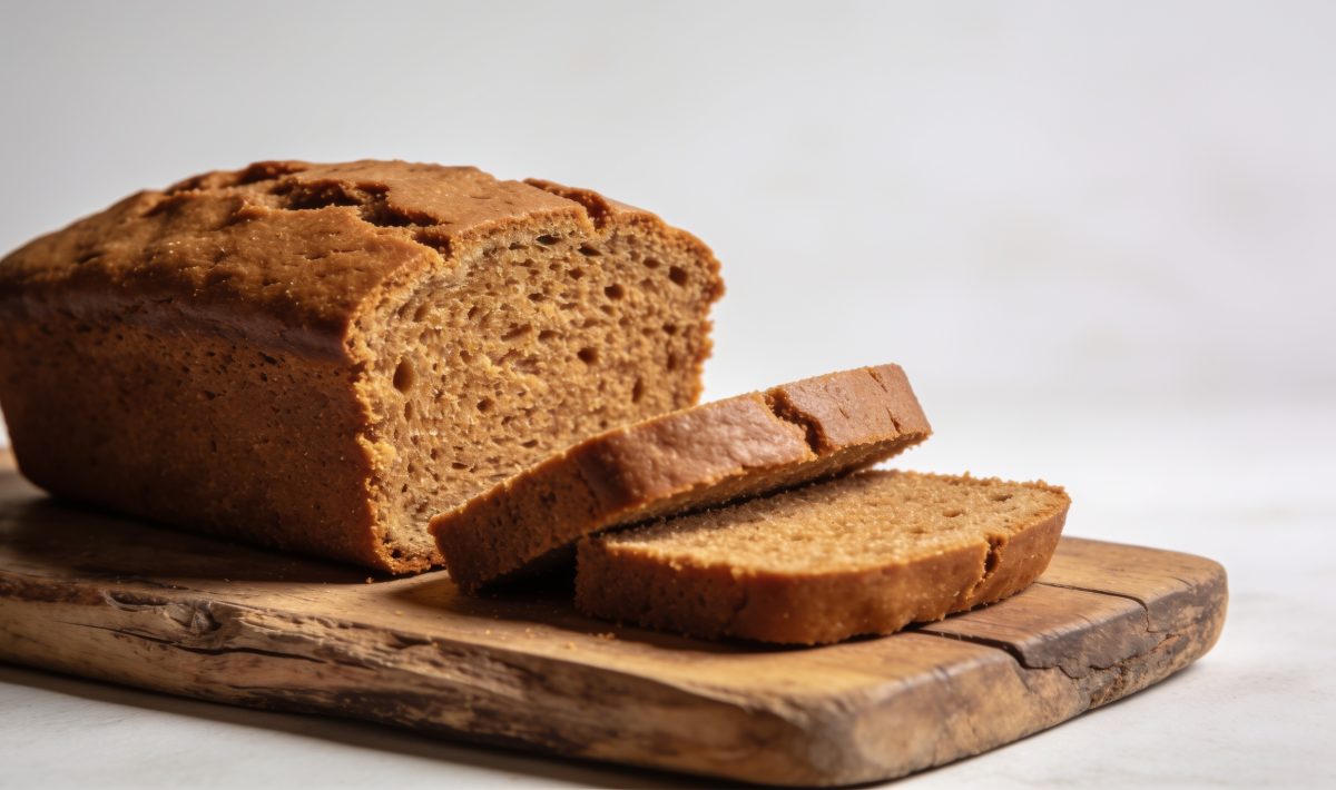 Pain d'épices tranché posé sur planche bois rustique.