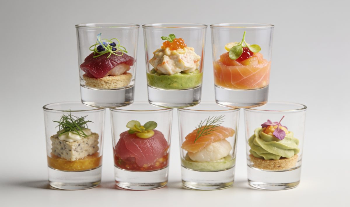 Petits verres empiles contenant appetizers colores et garnitures