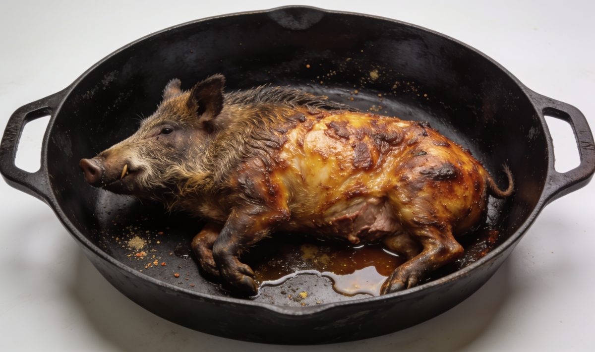 Sanglier rôti entier dans cocotte fonte noire