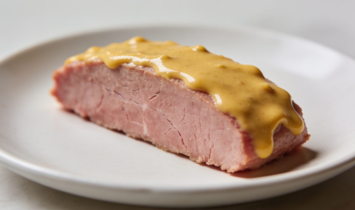 Tranche de viande rosee nappee de sauce moutarde jaune