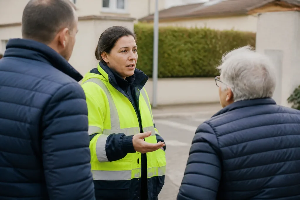 Agent municipal en gilet jaune parlant avec habitants