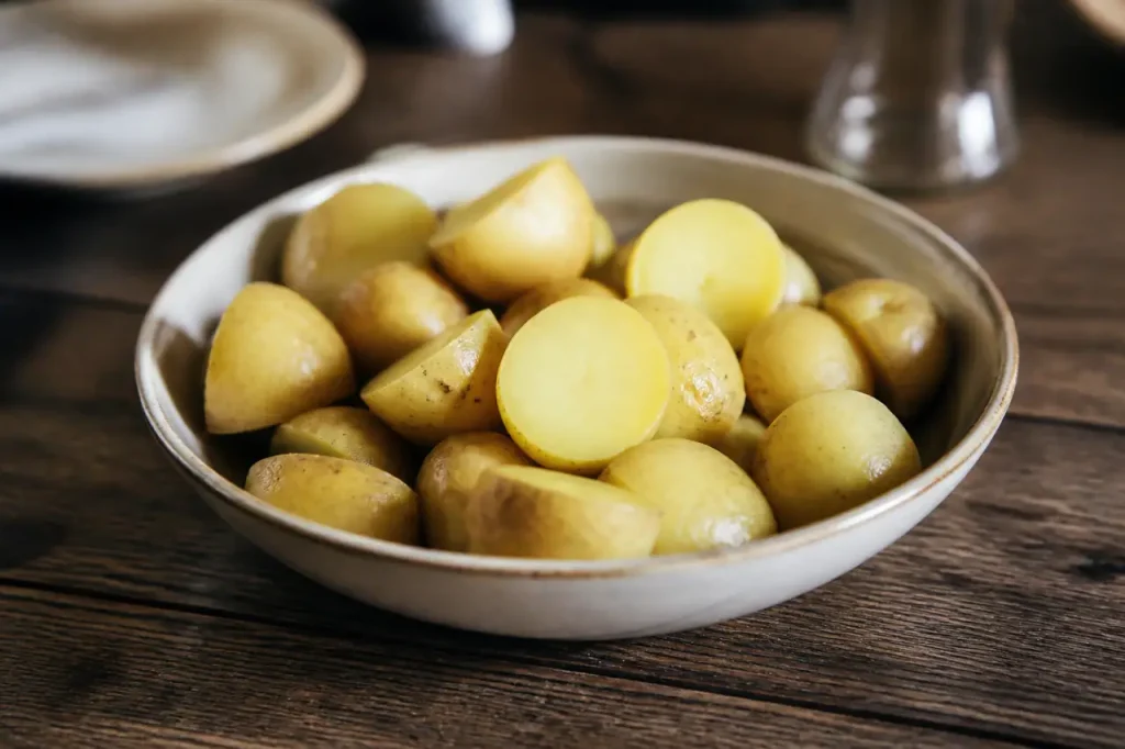 Bol blanc de pommes de terre tiedes sur table