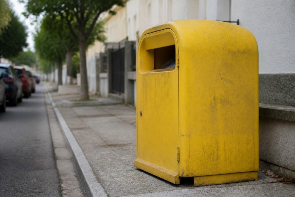 Conteneur jaune de textiles sur un trottoir en ville