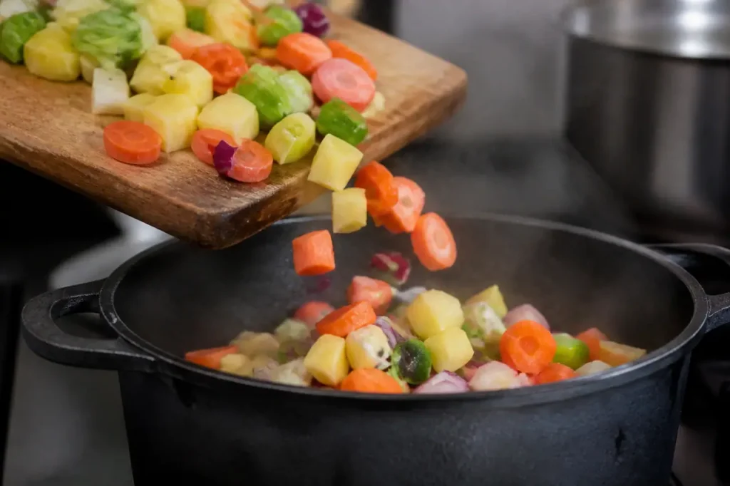 Légumes colorés tombant dans une marmite en fonte