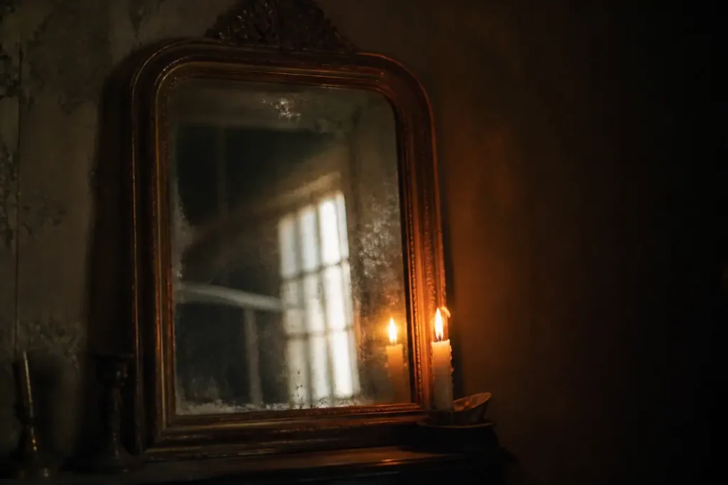 Miroir ancien dans une salle sombre, bougie vacillante
