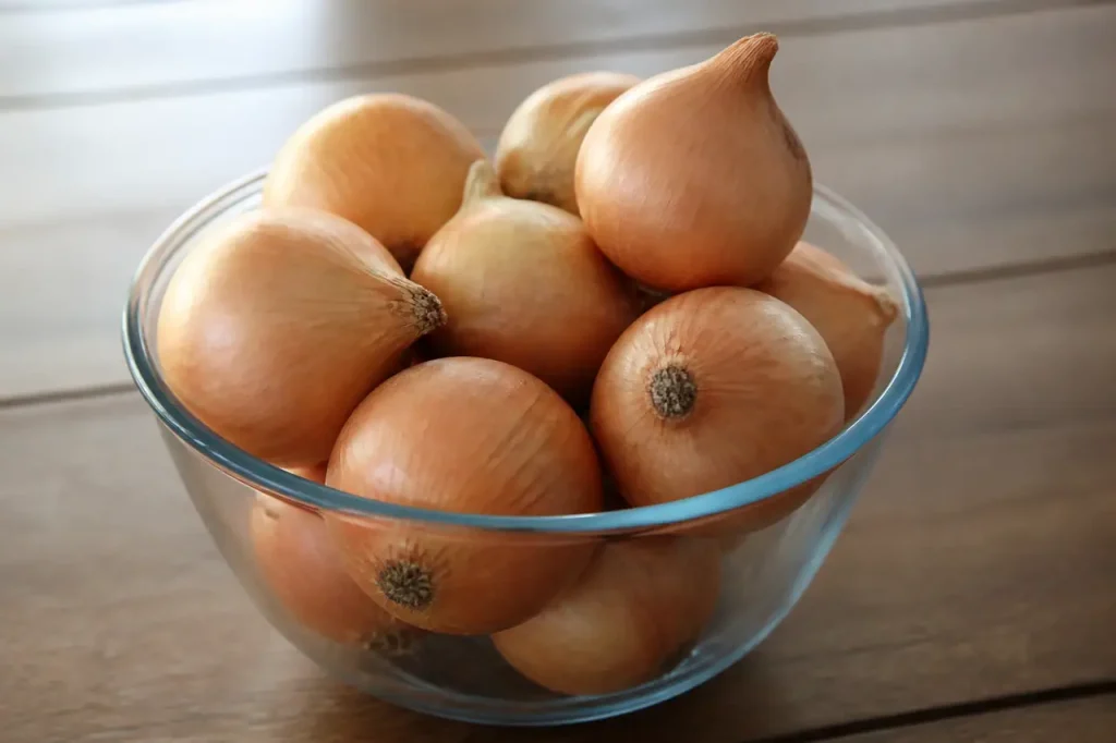 Tas d'oignons blonds dans un bol en verre
