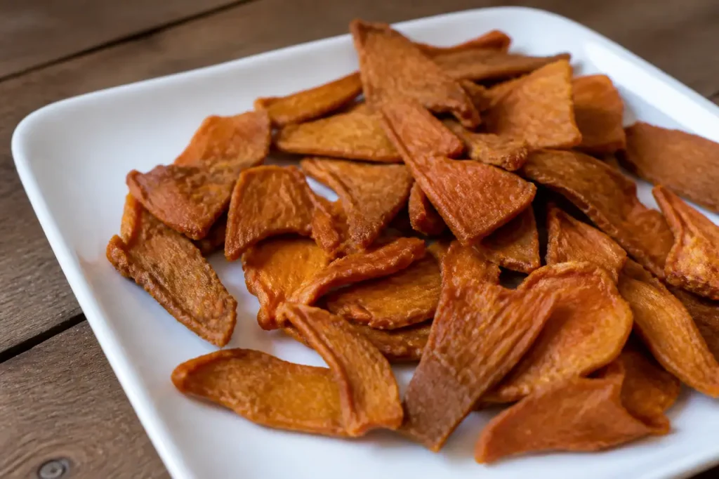 Morceaux de patate douce bien secs sur plaque blanche