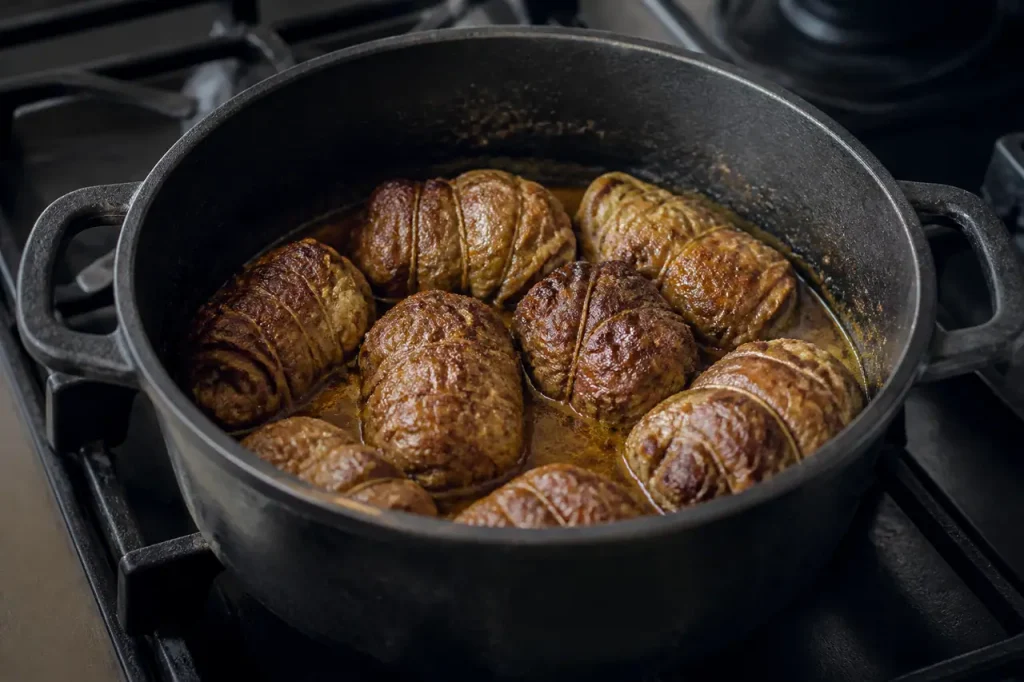 Paupiettes dorées dans une marmite en fonte noire