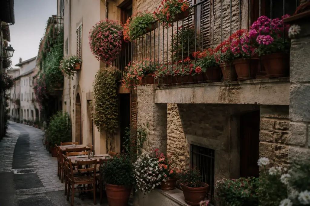 Petite rue avec terrasse et balcons fleuris