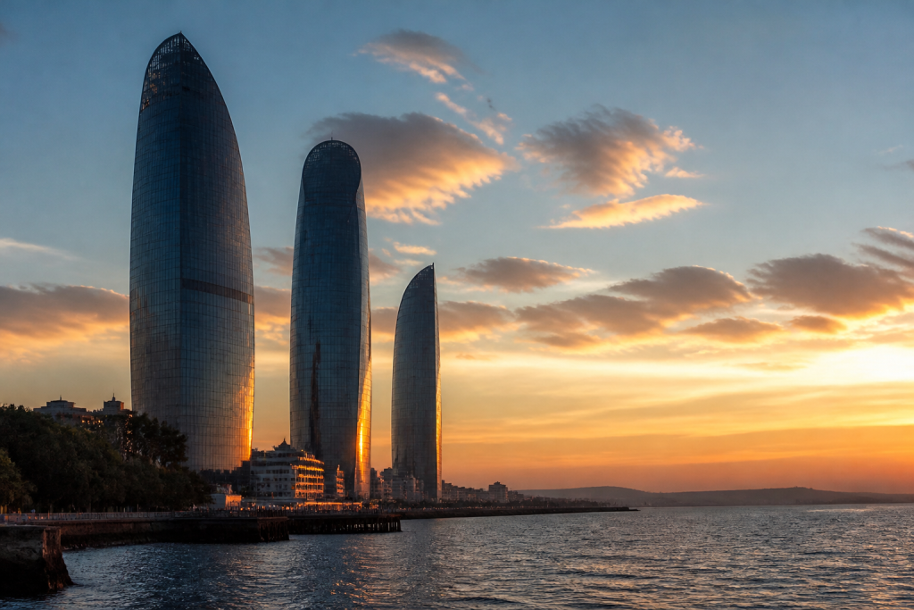 Tours scintillantes face au golfe au coucher du soleil