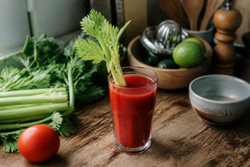 Verre rempli de jus rouge avec tige de celeri